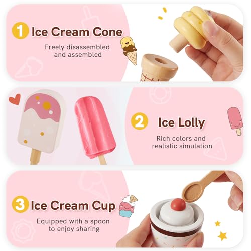 HERSITY Eiscreme Set Kinder Holz EIS am Stiel Spielzeug zum Stapeln, Kinderküche Zubehör Eisladen Eisdiele, Spielküche Rollenspiele für Kind Mädchen Jungen 3 4 5 Jahren, Rosa