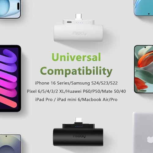 Image of Miady 2-Pack Mini Portable Charger Built-in USB C Connector Small PowerBank | 5000mAh丨Lightweight丨for Backpack Travel丨Compatible with iPhone 17 Galaxy Android丨Ultra-Compact丨Flight-Safe丨18Wh丨Green+Purple