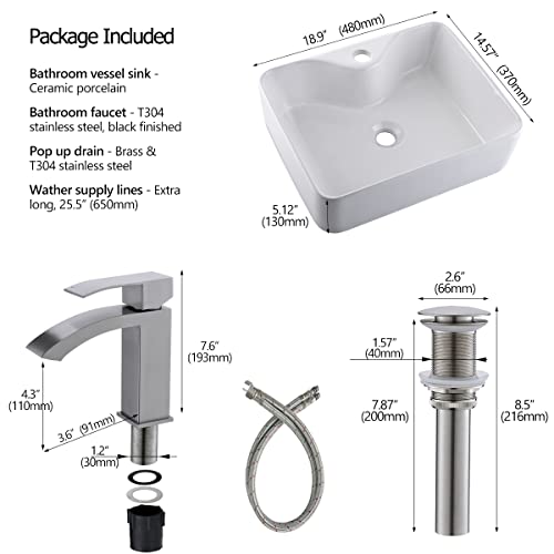 White Rectangle Bathroom Vessel Sink Combo, Luckyhorse 19X15 White Ceramic Porcelain Art Basin Bathroom Vessel Sink Vanity Sink Bowl With Stainless Steel Bathroom Faucet And Pop Up Drain Lhas1915L #TOP6
