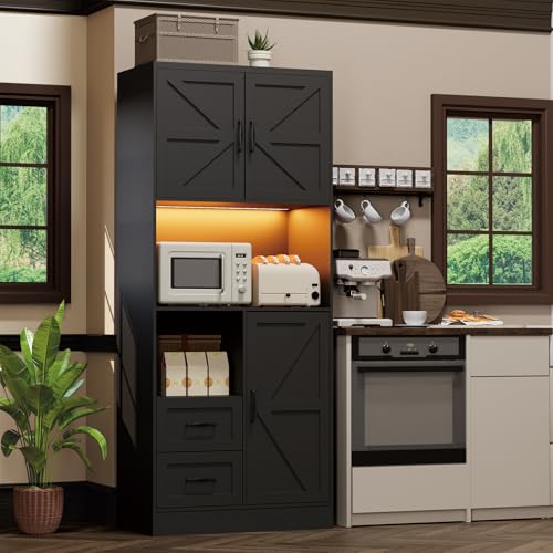 Image of Kitchen Pantry Storage Cabinet with LED Lights and Power Strip, Tall Farmhouse Kitchen Pantry with Barn Doors and Drawers, Adjustable Shelves for Dining Living Room (Black)