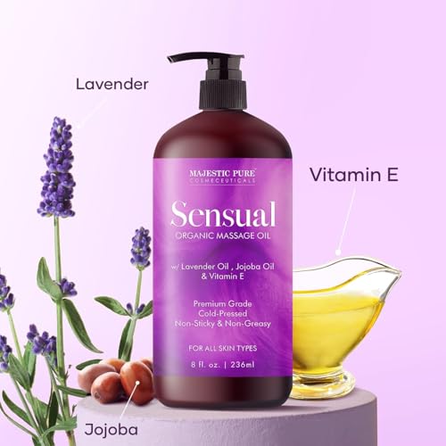 Image of MAJESTIC PURE Organic Sensual Massage Oil for Massage Therapy - Refreshing, and Relaxing - Natural Oils for Date Night with Vitamin E - for All Skin Types - Men and Women Massage Lotion- 8 fl oz