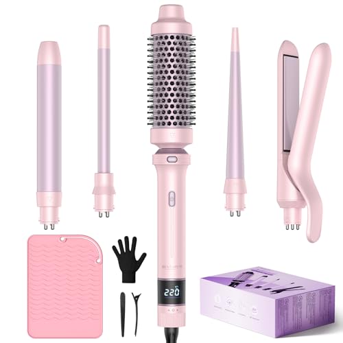 BESTOPE PRO 5 in 1 Hair Curling Wand, Hair Curler Set with Thermal Brush and Hair Straightener, 13 Temps Control for All Hair Lengths, with Heat Resistant Mat, Glove, Clip, Pink
