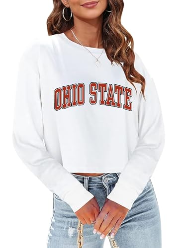 Sumtory Cute Crewneck Sweatshirt for Women Ohio State Sweatshirt Tops Loose Fit Cropped Pullovers White XL