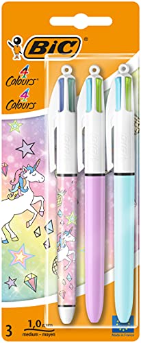 BIC 4 Colours Fun and Decors Ball Pens Medium Point (1.0 mm) - Fashion Ink and Barrels, Unicorn Design - Pack of 3, 999846