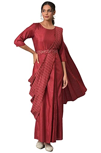 Image of W for Woman Women Maroon Maxi Insta Saree Dress with Embroidered Belt