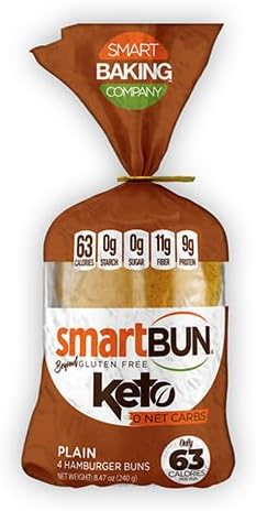 SmartBUN, Keto Hamburger Buns, Low Carb Bread, ZERO Net Carbs, Gluten Free, 4 Total Buns (Plain)