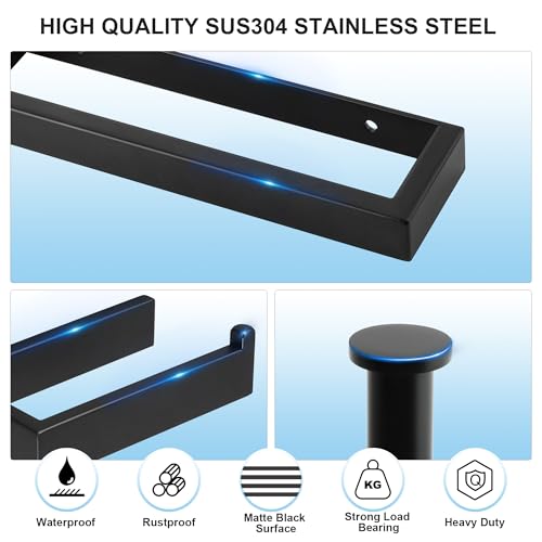 SAYAYO 4-Piece Black Bathroom Hardware Set, 8 Inch Towel Bar Hand Towel Holder, 6 Inch Toilet Paper Roll Holder Wall Mounted and 2Pcs Towel Hooks Coat Hooks, SUS304 Stainless Steel Bathroom Accessory - Image 3