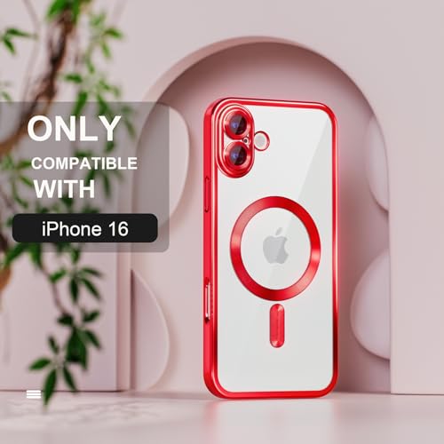 Image of Misea Magnetic for iPhone 16 Case Compatible with MagSafe Red | [Never Yellowing] [Military Drop Protection] Full Camera Lens Protector Plating Soft Clear Phone Case for Women, Red