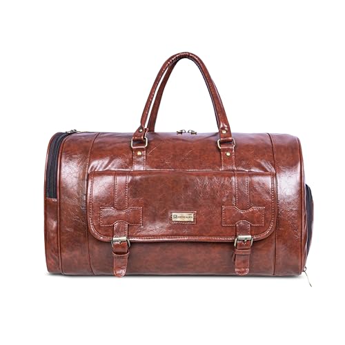 Image of Faux Leather Travel Duffle Bag 40L | Gym & Weekend Travel Bag with Shoe Compartment | Water Resistant Large Overnight Bag for Men & Women | Stylish Brown Carry Bag