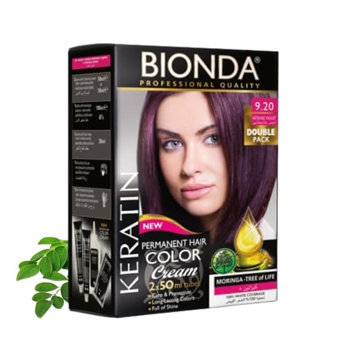 BIONDA Professional Colorazione Permanente in Crema 200ml | Confezione doppia | Cheratina e Moringa | colore ricco e lunga durata | copertura capelli bianchi 100% (9.20 viola intenso)