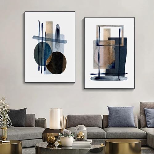 Lienzo geométrico azul y beige de 70x100cm minimalista sin marco 2
