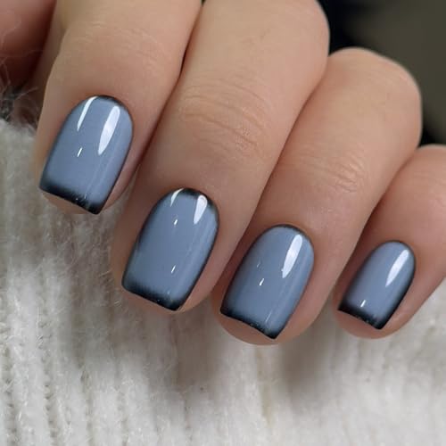CurvLife Short Square French Tip Press On Nails, Slate Edge Black, Soft Gel