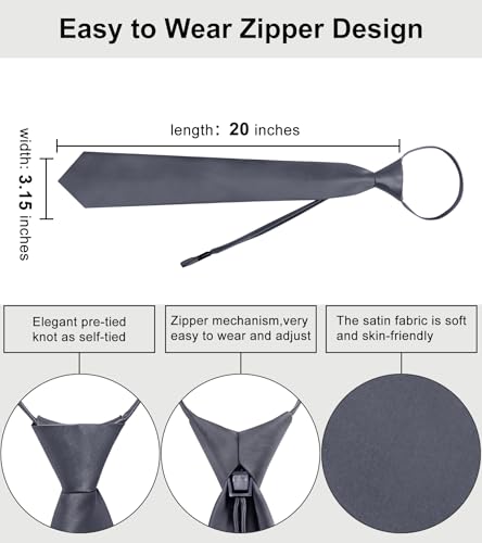 Image of YourTies Zipper Tie for Men Adjustable Pre-tied Satin Neckties and Pocket Square Set Solid Color Business Formal Wedding