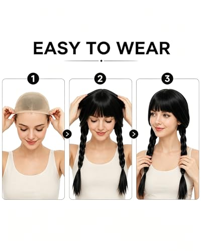 Image of Rose bud Wednesday Cosplay Wig Long Hair Heat Resistant Adjustable Fit 23 Inches Double Braided Black Wigs With Bangs for Halloween Cosplay