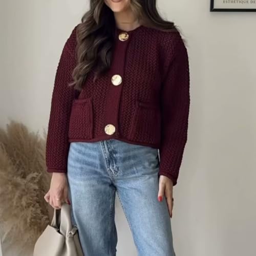 Image of Chevara Women's Cropped Cardigan Sweater Long Sleeve Crewneck Button Down Knit Sweater with Pockets(0128-WineRed-S-CW)