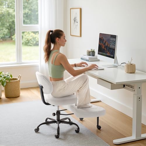 Image of Furmax Ergonomic Criss Cross Legged Office Chair with Wheels, 360Swivel Adjustable Height Kneeling Desk Chair with Footrest for ADHD, Yoga, Meditation, Home Office (Teddy Fabric, White)