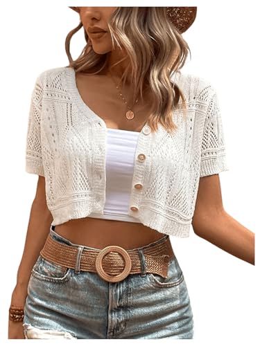 Verdusa Women's Crop Cardigan Short Sleeve Button Down Hollow Out Crochet Sweater Knitwear White Large