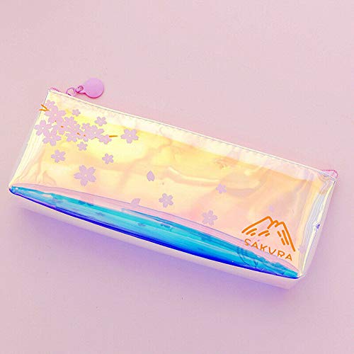 Fashion Laser Pencil Case SUPERTOOL 3PCS Zipper Laser Pencil Case Transparent Flower Pencil Box for Girls(Pink Flowers)