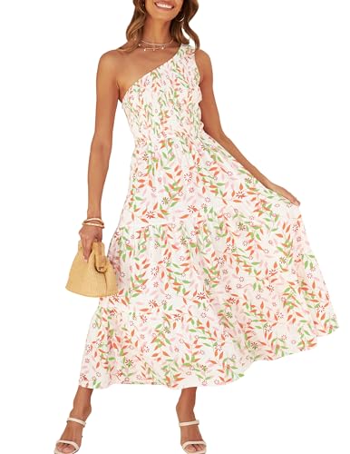ZESICA Women's 2025 Bohemian Summer Floral Print One Shoulder Sleeveless Smocked Ruffle Tiered Beach Long Midi Dress