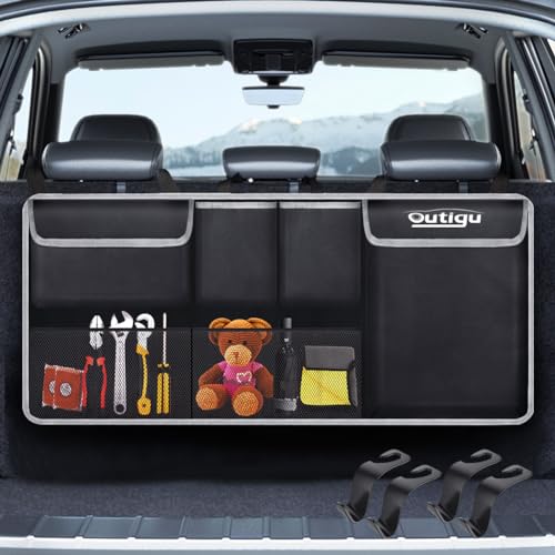 Car Boot Tidy Organiser with Magic Sticker, Hanging Car Seat Storage Bag for Space Saving, Large Capacity Back Seat Bags with 6 Pockets, Collapsible Organiser for Trunk, Van and Most Vehicles