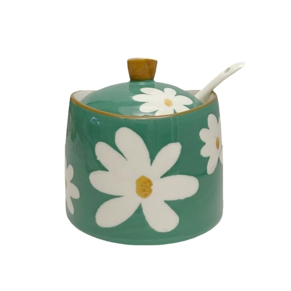 WAIT FLY Lovely Flower Ceramic Sugar Bowl with Lid and Spoon, Sugar Container, Sugar Jar for Kitchen Countertop, Coffee Bar-Green