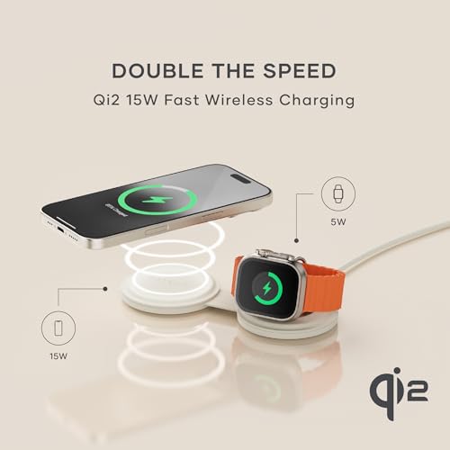 Image of Satechi OntheGo 2 in 1 Wireless Charger, Qi2 Portable Charger with 15W Fast Charging for iPhone 17 to 12 Series and 5W for Apple Watch, Magnetic Travel Charging Station - Sand