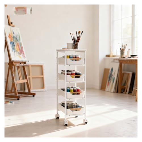 Carrito estrecho con 5 estantes - armario de cocina estrecho y carrito for nichos, tapa de madera + cestas extraíbles, estante for verduras for cocina/baño/lavandería, organizador con ruedas, blanco