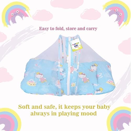 Toddylon Flat Bed Baby Bed New Born Baby Bedding Set Combo | Carry Bag | Mattress | Mosquito Net | Insect Protector | Infants (0-6 Months) Blue
