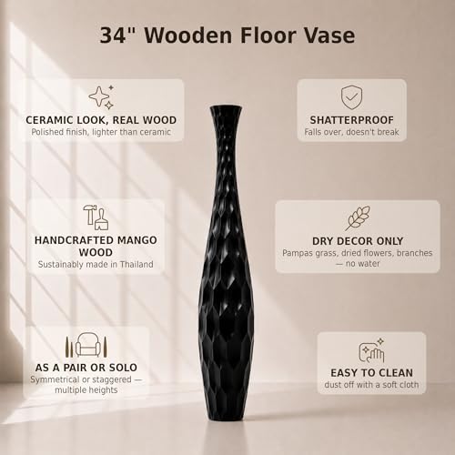 Image of Leewadee Large Floor Vase 34 inches Mango Wood for Pampas Grass, Dried Flowers