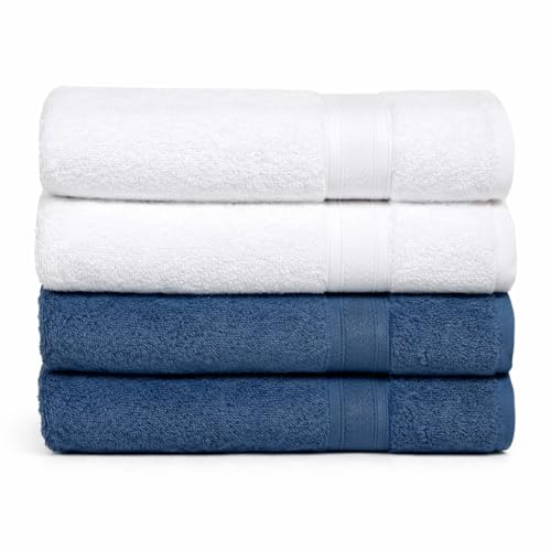 Image of Arvind 100% Cotton Towels for Bath | Towels for Bath Large Size | 500 GSM Bath Towel - Soft & Absorbent | 4 Piece Bath Towel for Men /Women | Urban Comfort | 70 cm x 140 cm - Dark Blue & White
