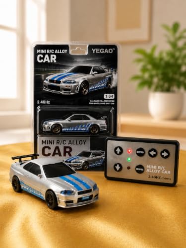 Image of Mini R /C Alloy Drift Car 1:64 Scale - 2.4GHz 4WD RC Racing Desk Toy with LED Lights & Cruise Control Feature (Kids & Collectors Edition) (Nissan Skyline GT-R (R34))