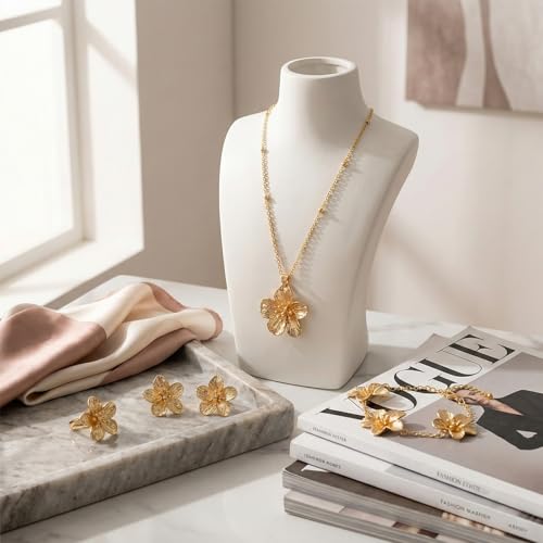 AHEJIOO 5 Stück Gold Schmuck Set Damen, Vintage Blumen Halskette Armband Ring und Statement Ohrringe, Goldschmuck Blumenohrringe Gold für Hochzeit Party, Goldene Ohrringe Damen Geschenkidee – Bild 3