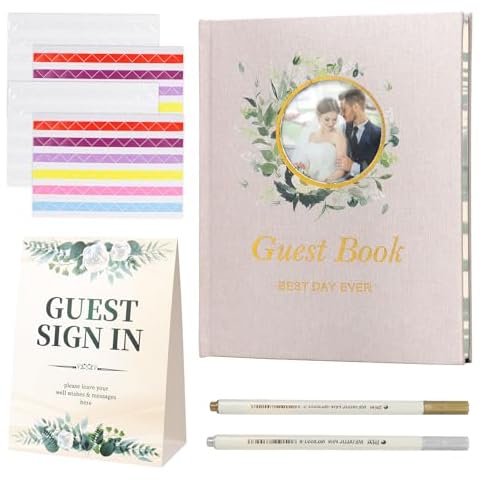 DeziWood Wedding Guest Book, Guest Book Wedding Reception, Personalized Wedding Sign in Guestbook with Pen and Table Sign for Party, 100 Pages Paper Linen Hardcover Wedding Books for Guests 8x10" Cover