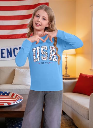 Image of Ithalt 4th of July Outfit Kids Girls American T Shirt USA T-Shirt Fourth of July Tops Patriotic Long Sleeve Tops