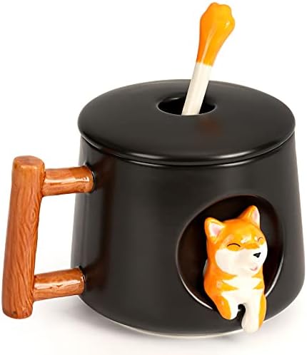 YLOKO Cute Shiba Inu Ceramic Espresso Mug, 3D Animal Sample Cup for Tea Juice Milk Chocolate Cappuccino, Humorous Lmitation Wooden Disign Deal with and Matching Spoon Excellent for Presents – 14 Ounces – Black