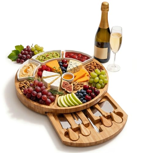 ZENFUN 13 Inch Bamboo Cheese Board and Knife Set, Round