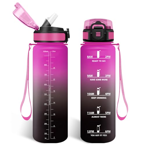 HoneyHolly Botella Agua 1 Litro, Libre de BPA & Prueba de Fugas, Botella de Agua, con Pajita, Water Bottle, con Marcador de Tiempo, Cantimplora para Sport, Bicicleta, Gimnasio, Escuela