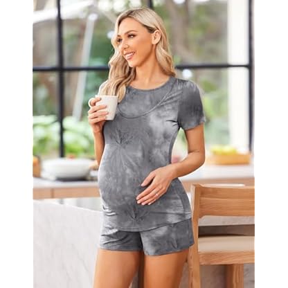 Ekouaer Maternity Nursing Pajamas Set Short Sleeve Breastfeeding Sleepwear Double Layer Postpartum Top and Shorts Set - Image 5