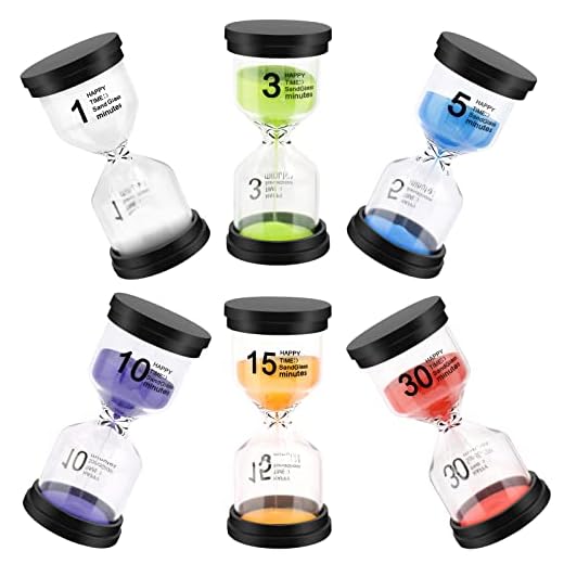 Sand Timer, Hourglass Sand Timers Colorful 1/3/5/10/15/30 Minutes Sandglass Timer with Protective Cover for Classroom Home Office Cooking (Pack of 6)
