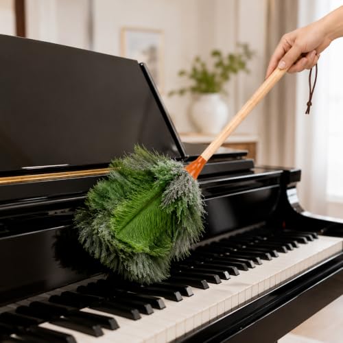 Image of 16inch Natural Good Ostrich Feather Duster with Bamboo Handle, Electrostatic Dust Remove for Ceiling,Fans,Bookshelves, Sofa, Windows, Fit for Home, Office and Cars Duster Green