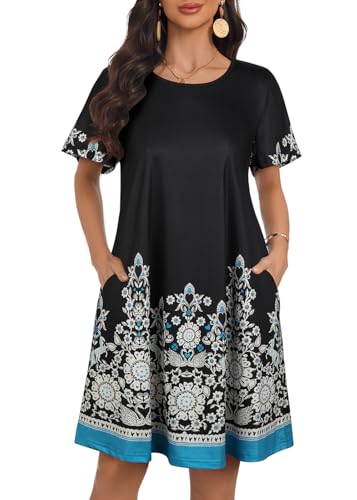 Image of My Sky Summer Dresses for Women 2026 Casual Short Sleeves Tshirt Flowy Beach Plus Size Sundress with Pockets