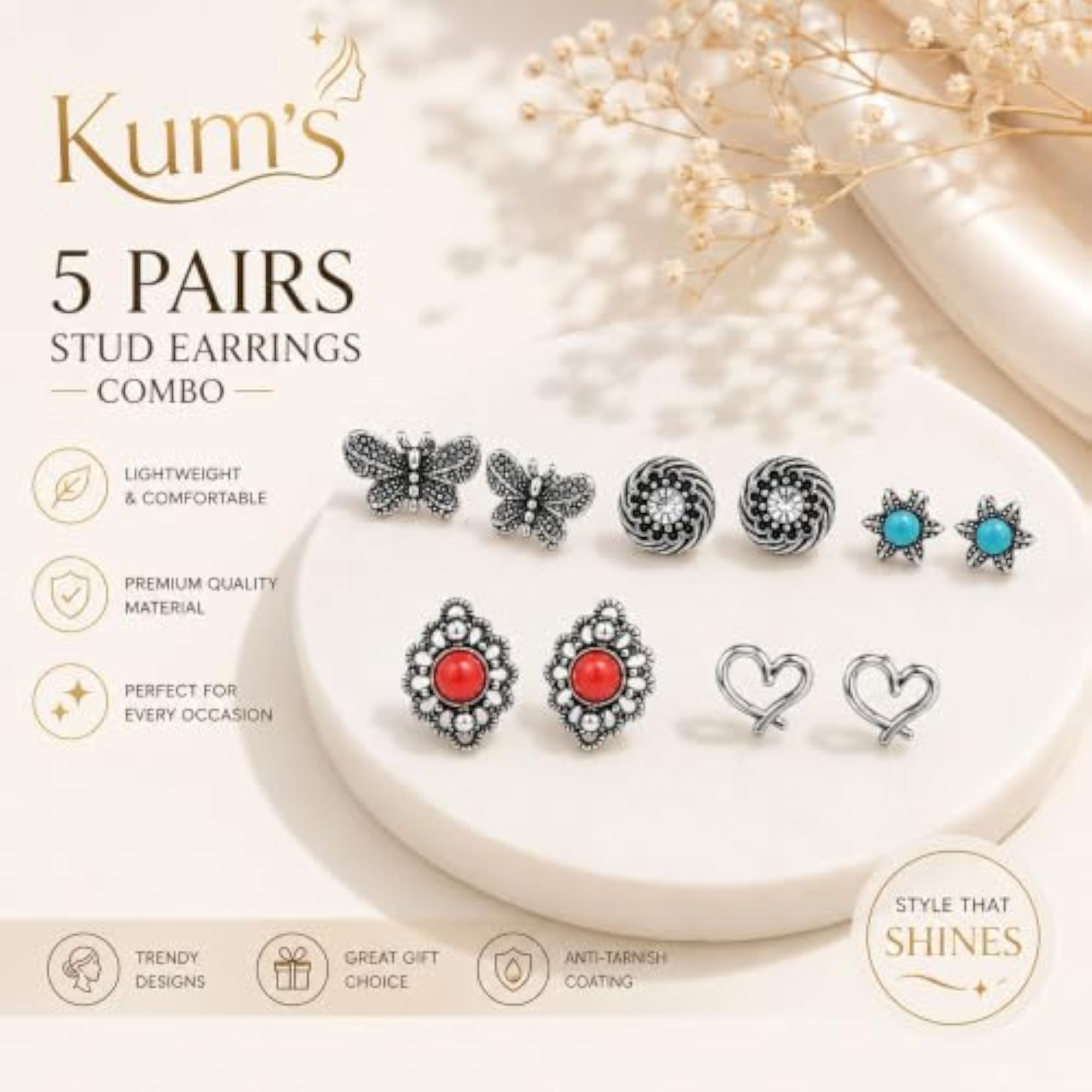 5 Pair Oxidized Silver Tone Floral Leaf Star Stud Earrings Combo Set