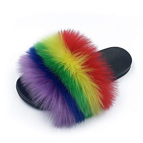 Image of Women's Faux Fur Slides Slippers Fluffy Fuzzy Sandals Open Toe Furry Slide Flip Flop Indoor Outdoor