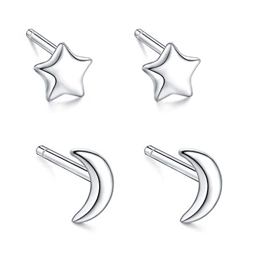 Aroncent Pendientes de Luna y Estrella para Mujer Aretes Elegante de Material Puliados Plata de Ley 925 Hipoalergénico Bisutería de Joya Sets de Joyería Moda 2 Pares Conjuntos Cover