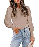 GRMLRPT Damen Bluse Langarm Herbst Rundhals Pullover Einfarbig Elegant Langarmshirts Casual Oberteile Tops Puffärmel Tunika T-Shirt(Haferflocken Farbe,S)
