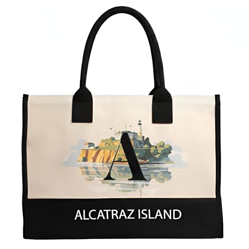 Image of Salt Earth Cotton Canvas Tote Bag - Alcatraz Island Landmark Design with Custom Initial, Durable Shoulder Bag for Women