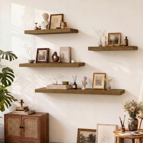Image of Solid Wood Floating Shelves for Wall 40 inch,Grey Wooden Shelf Set of 2 | Rustic Wood Wall Floating Shelf with Invisible Brackets,Floating Wooden Shelves for Living Room,Bathroom,Bedroom,Kitchen