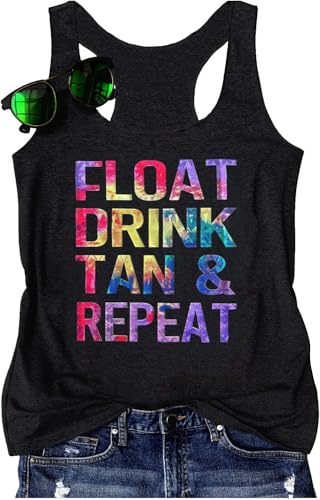 DADSHERO Float Drink Tan Repeat Tank Top Women Graphic Tank Top 2025 Hawaii Beaches Tanks Vest Summer Loose Racerback Tank Cami(BBlack12,S)