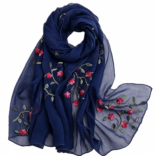 Image of MAIRY Navy Blue Scarf Women's Silk Embroidered Lightweight Shawls and Wraps for Weddings Fashion Elegant Pashmina Shawl Scarves M6003