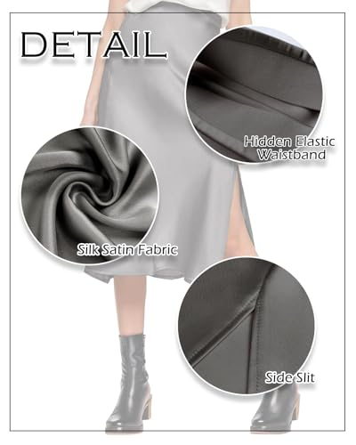 Image of Amy Babe Womens Satin Silk High Waist Slit Midi Skirt Long Skirts for Women | Elastic Waistband, Side Split, Midi Length, Below the Knee, Silky Fabric, Elegant, Fall Winter Outfits
